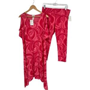 Sun Moda Matching Tunic Top Pants Set Women's Size L Pink Abstract Psychedelic